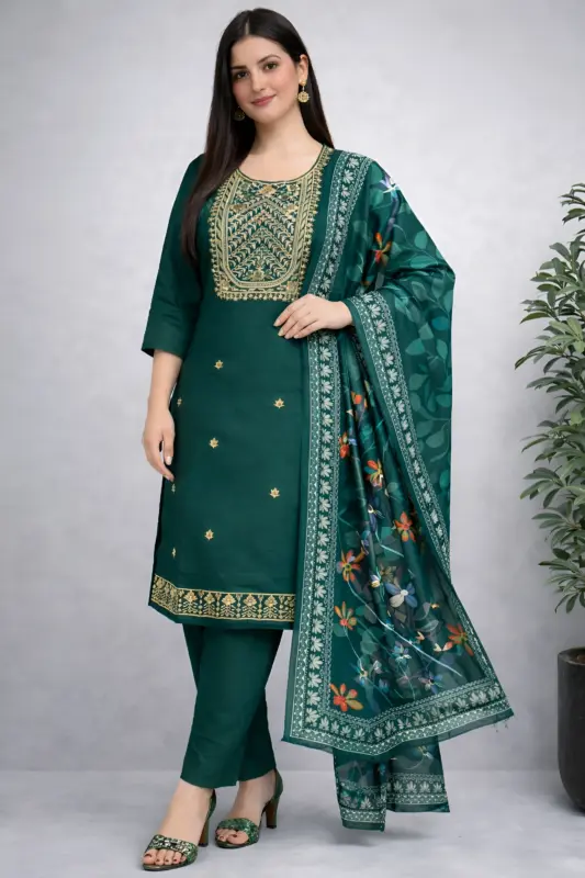 Emerald green straight suit with heavy gold zari embroidered neckline and matching dupatta