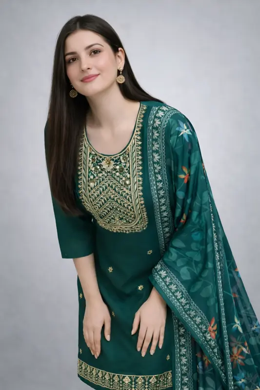 Full length emerald green festive suit set with embroidered neckline and matching pants