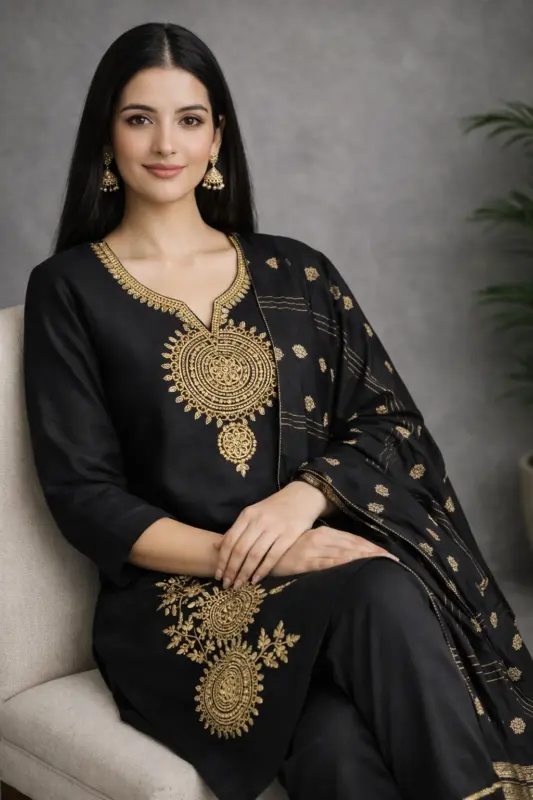 Close up of black dupatta featuring traditional Banarasi zari woven border with gold stripe detailing