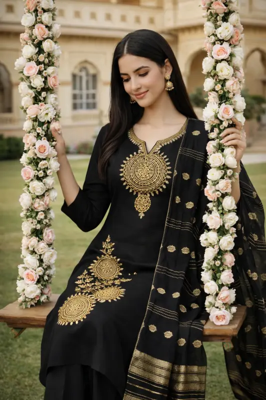 Black Roman Silk Suit Set with Antique Gold Zari Embroidery