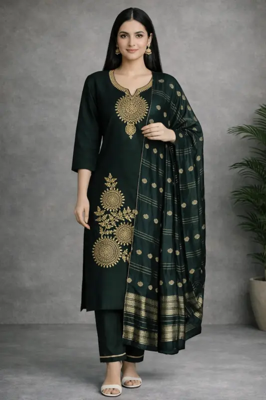 Green Roman Silk Suit with Antique Gold Zari Embroidery