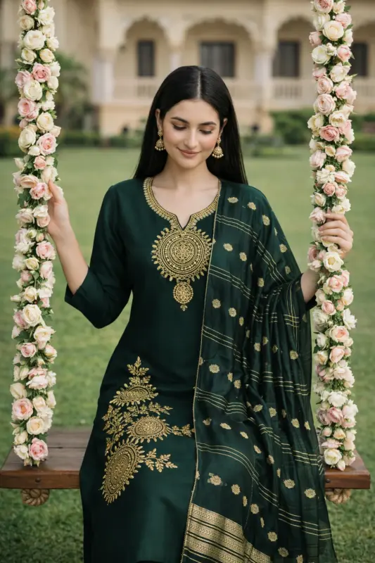 Green Roman Silk Suit Set with Antique Gold Zari Embroidery