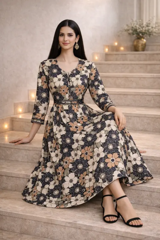 Brown Floral Anarkali Dress in breathable cotton by RupamKart