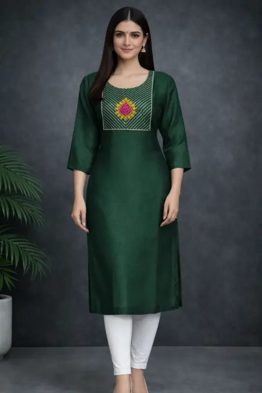 dark green cotton khadi kurti front view with embroidered neckline panel