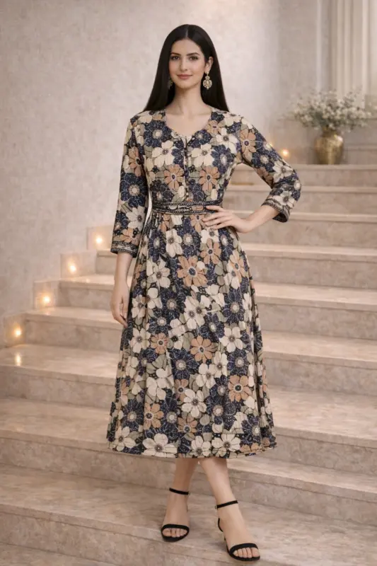 Brown Floral Anarkali Dress with elegant floral print