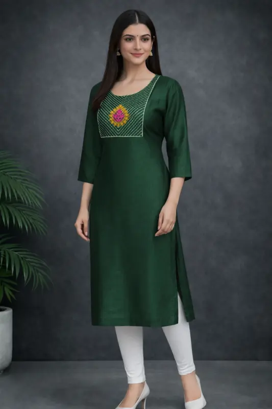dark green cotton khadi kurti with embroidered neckline panel for women