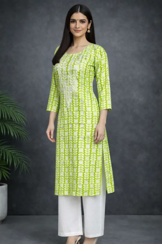 green cotton kurta with printed pattern and front embroidery