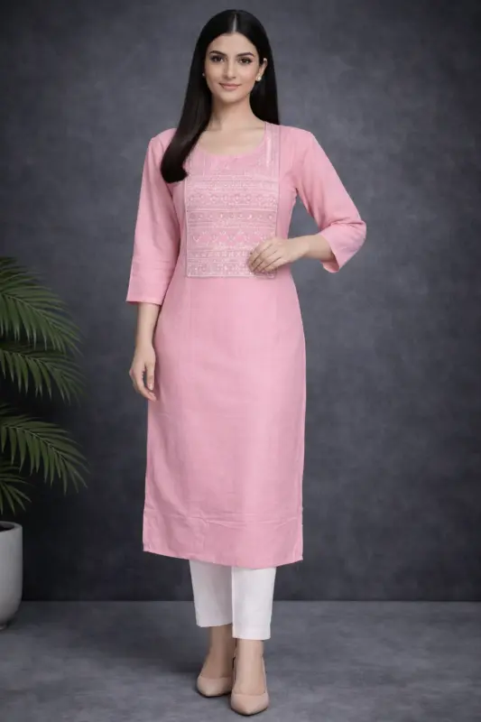 Baby Pink Cotton Rayon Kurti front view with embroidered panel
