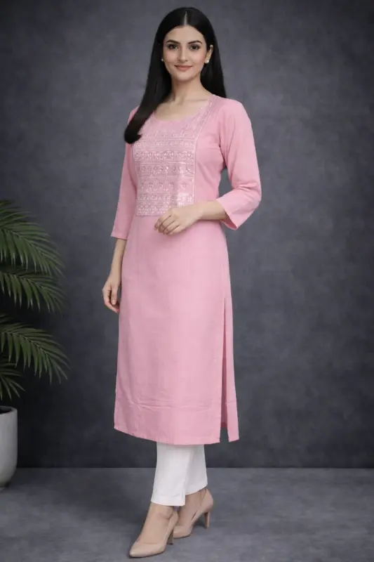 Baby Pink Cotton Rayon Embroidered Kurti for women by RupamKart