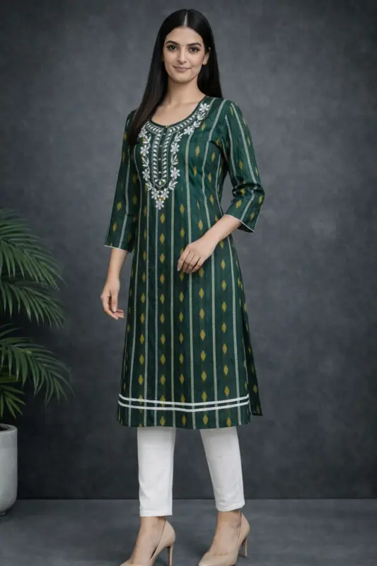 Bottle Green Embroidered Cotton Khadi Kurti for women by RupamKart