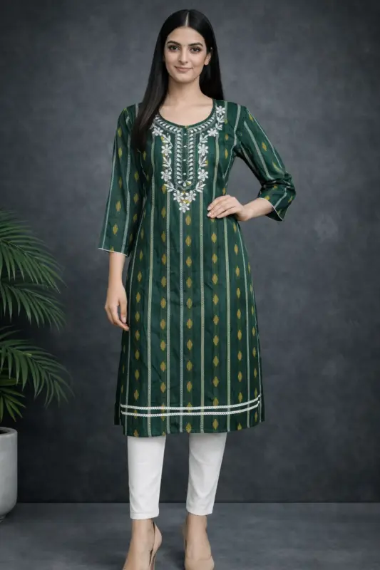 Bottle Green Cotton Khadi Kurti front view with embroidered neckline