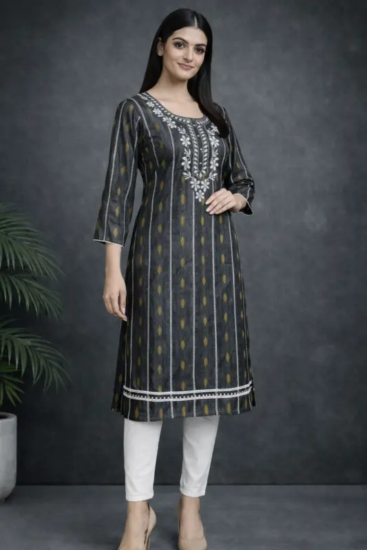 Charcoal black khadi kurti with white embroidered neckline for women by RupamKart