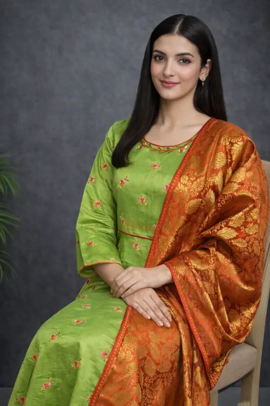 Green Embroidered Kurta Dupatta with Banarasi drape